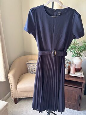 Ann Taylor Petite Belted Pleated Flare Dress in color Night Sky